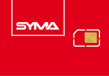 Carte SIM rouge avec le logo SYMA en blanc.